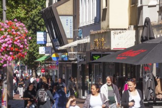 Pedestrian zone and shopping street Lüneburger Straße with many people and shops, Harburg, Hamburg,