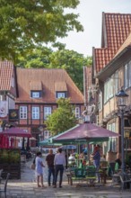 Historic half-timbered houses in the Lämmertwiete with catering in Harburg's old town, Harburg,