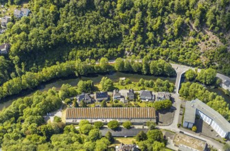 Aerial view, river Lenne, tax office, Saleen Kunststoff GmbH, Altena, Sauerland, Märkischer Kreis,