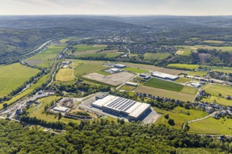 Aerial photograph, company building Trio-Leuchten GmbH, industrial estate, new development area Gut