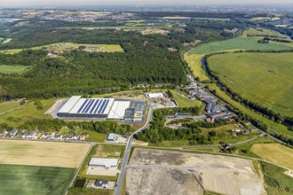 Aerial photograph, company building Trio-Leuchten GmbH, industrial estate, new development area Gut