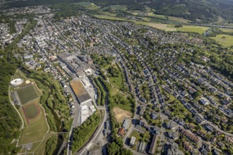 Aerial view, river Ruhr, sports facility, round gymnasium, sports ground SV Arnsberg 09, R.D.M.