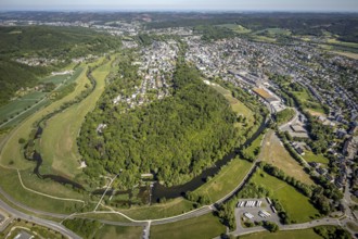 Aerial view, local view Wennigloh in forest area, Eichholz forest, river Ruhr, Ruhr loop, Arnsberg,