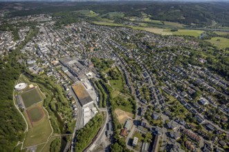 Aerial view, river Ruhr, sports facility, round gymnasium, sports ground SV Arnsberg 09, R.D.M.