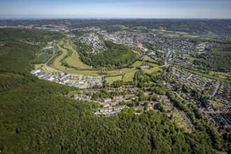 Aerial view, local view Wennigloh in forest area, Eichholz forest, river Ruhr, Ruhr loop, Arnsberg,