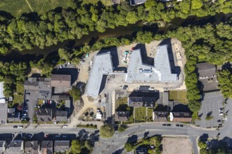 Aerial view, construction site of new care centre, building complex for assisted living,