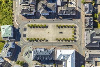 Aerial view, Neumarkt with row of trees, Protestant Church of the Resurrection, Arnsberg,
