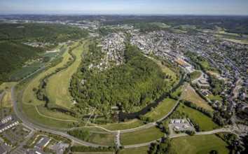 Aerial view, local view Wennigloh in forest area, Eichholz forest, river Ruhr, Ruhr loop, Arnsberg,
