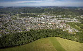 Aerial view, city view, Arnsberg district government, town hall, Arnsberg, forest area, Sauerland,