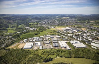 Aerial view, industrial estate Ennest-Askay, construction site, Attendorn, Sauerland, North