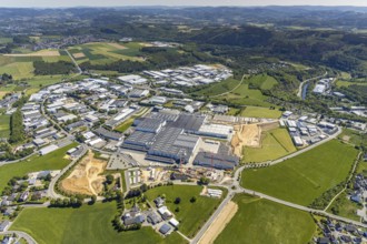Aerial view, Viega plant Ennest, industrial estate Ennest-Askay, construction site, Attendorn,