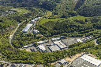 Aerial view, commercial area Bigge, river Bigge, Attendorn, Sauerland, North Rhine-Westphalia,