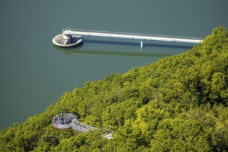 Aerial view, forest area, Biggeblick viewing platform, flood overflow, Attendorn, Sauerland, North