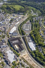 Aerial view, Attendorn railway station, commercial area, Greif site, Hanse Hotel, Attendorn,