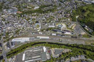 Aerial view, townscape, railway station Attendorn, entrance Attahöhle, Hanse Hotel, Attendorn,