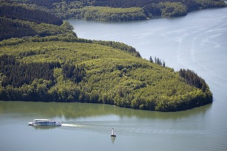 Aerial view, Biggesee, Biggetalsperre, excursion boat, Attendorn, Sauerland, North