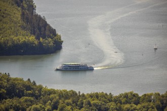 Aerial view, excursion boat Westfalen on the Biggetalsperre, Attendorn, Sauerland, North