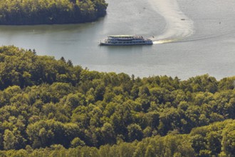 Aerial view, excursion boat Westfalen on the Biggetalsperre, Attendorn, Sauerland, North