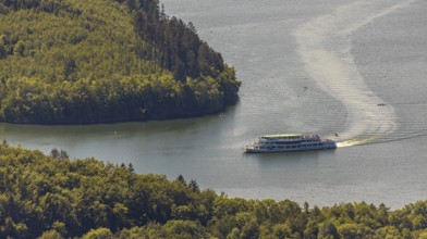 Aerial view, excursion boat on the Biggetalsperre, Attendorn, Sauerland, North Rhine-Westphalia,