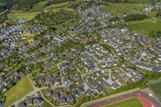 Aerial view, residential area at Hansastadion, Attendorn, Sauerland, North Rhine-Westphalia,