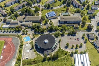 Aerial photo, round gymnasium, music school Attendorn, Hanseschule Attendorn, Attendorn, Sauerland,