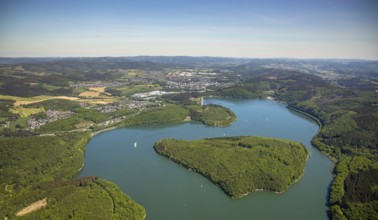 Aerial view, Gilberginsel, Biggesee, excursion boat on the Biggetalsperre, Attendorn, Sauerland,