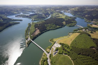 Aerial view, Biggesee, dam, Listertalsperre - dam wall, Yacht-Club Lister am Biggesee, bridge,