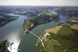 Aerial view, Biggesee, dam, Listertalsperre - dam wall, Yacht-Club Lister am Biggesee, bridge,
