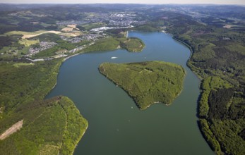 Aerial view, Gilberginsel, Biggesee, excursion boat on the Biggetalsperre, Attendorn, Sauerland,