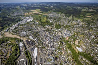 Aerial view, townscape, railway station Attendorn, commercial area Kölner Straße, Attendorn,