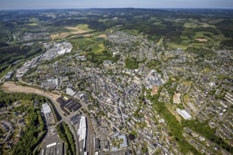 Aerial view, townscape, railway station Attendorn, commercial area Kölner Straße, Attendorn,