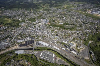 Aerial view, townscape, Attendorn railway station, Attendorn entrance, Hanse Hotel, Attendorn,