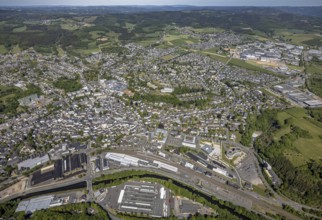 Aerial view, townscape, railway station Attendorn, entrance Attahöhle, industrial area