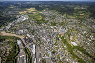 Aerial view, townscape, railway station Attendorn, commercial area Kölner Straße, Attendorn,