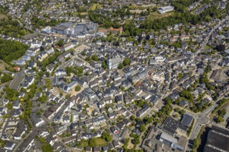 Aerial view, city view, Viega Attendorn Campus, catholic church St. Johannes Baptist, Attendorn,