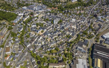 Aerial view, city view, Viega Attendorn Campus, catholic church St. Johannes Baptist, Attendorn,