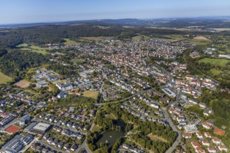 Aerial view, town centre, catholic church St. Peter and Paul, Bad Driburg, East Westphalia-Lippe,