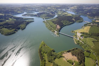 Aerial view, Biggesee, dam, Listertalsperre - dam wall, Yacht-Club Lister am Biggesee, bridge,