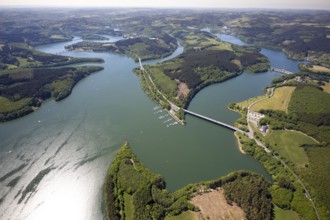 Aerial view, Biggesee, dam, Listertalsperre - dam wall, Yacht-Club Lister am Biggesee, bridge,