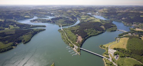 Aerial view, Biggesee, dam, Listertalsperre - dam wall, Yacht-Club Lister am Biggesee, bridge,
