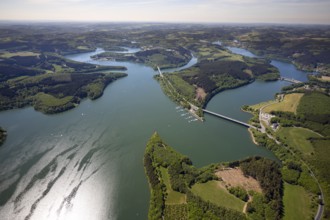 Aerial view, Biggesee, dam, Listertalsperre - dam wall, Yacht-Club Lister am Biggesee, bridge,