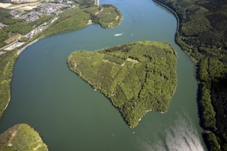 Aerial view, Gilberginsel, Biggesee, excursion boat on the Biggetalsperre, Attendorn, Sauerland,