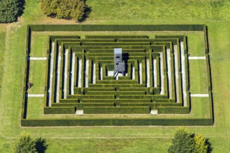 Aerial view, Gräflicher Park Health & Balance Resort, head and body sculpture, walk-in labyrinth,