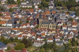 Aerial view, town centre, catholic church St. Peter and Paul, Bad Driburg, East Westphalia-Lippe,