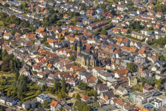 Aerial view, town centre, catholic church St. Peter and Paul, Bad Driburg, East Westphalia-Lippe,