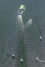 Aerial photo, excursion boat Westfalen on the Biggetalsperre, motorboat, Attendorn, Sauerland,