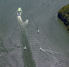Aerial photo, excursion boat Westfalen on the Biggetalsperre, motorboat, Attendorn, Sauerland,
