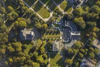 Aerial view, Wandelhalle, theatre in the park, spa gardens, Bad Oeynhausen, East Westphalia-Lippe,