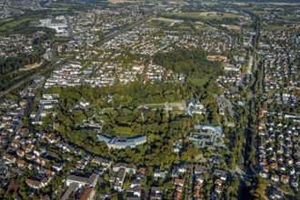 Aerial view, spa garden with Wandelhalle, Klinik am Rosengarten, Bali Therme, GOP Varieté Theatre