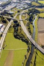 Aerial view, motorway bridge of the A30 motorway over the river Werre, motorway junction Gohfeld,